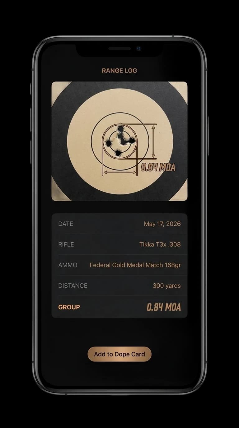 Chambered iOS app range log screen showing a measured group on a target