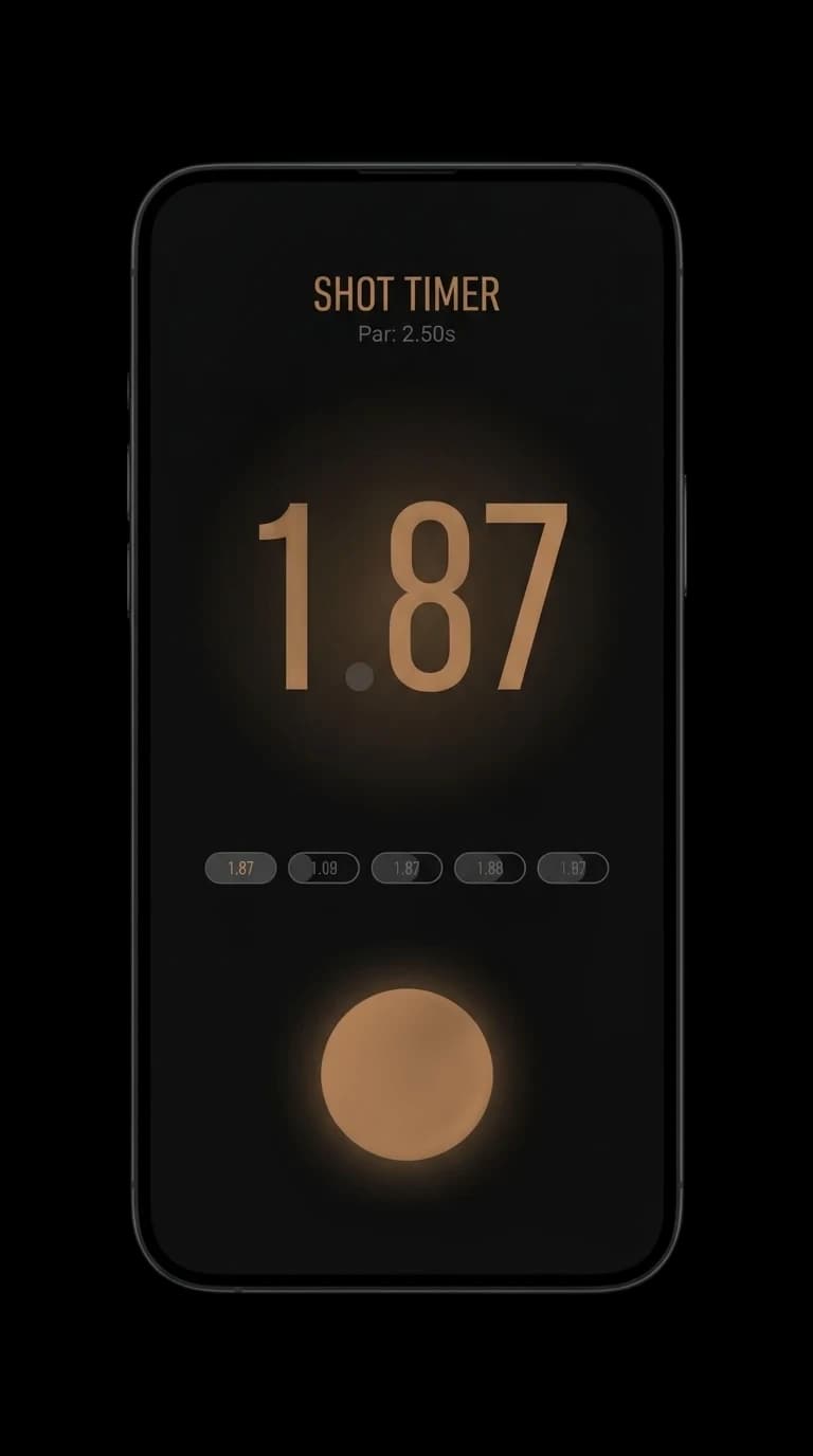Chambered iOS app shot timer screen showing a 1.87 second elapsed time
